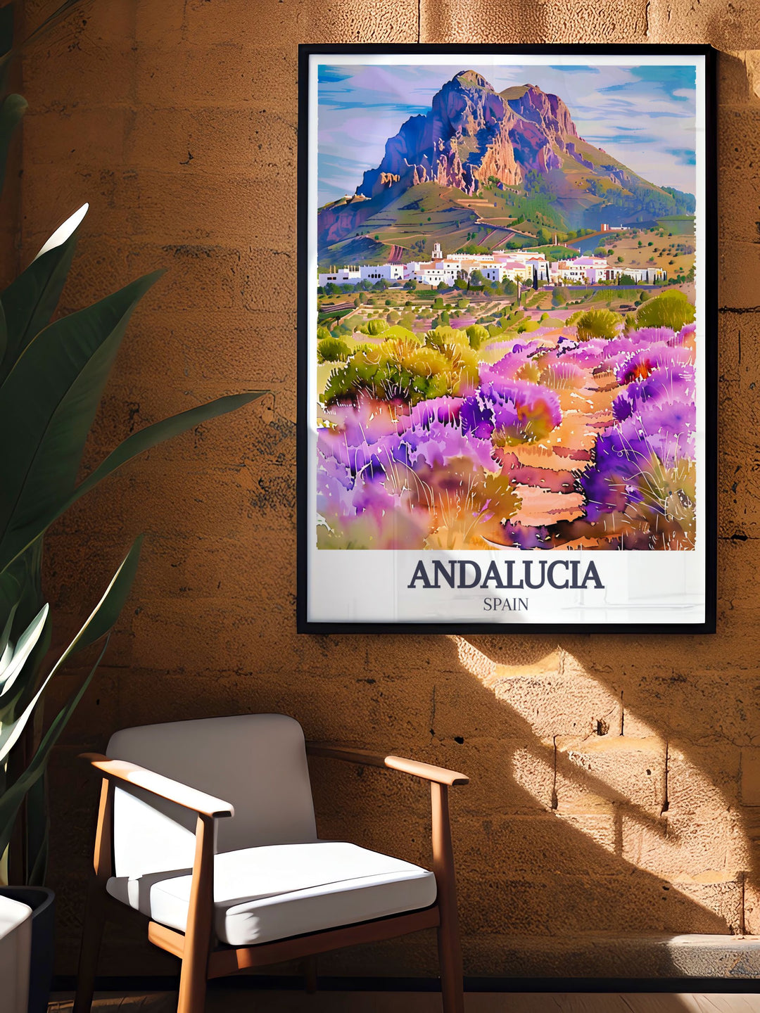 Zahara de la Sierra, nestled in the Andalucia hills, is beautifully depicted in this travel poster. The vibrant colors and detailed scenery bring the charm of Spain into your living space.