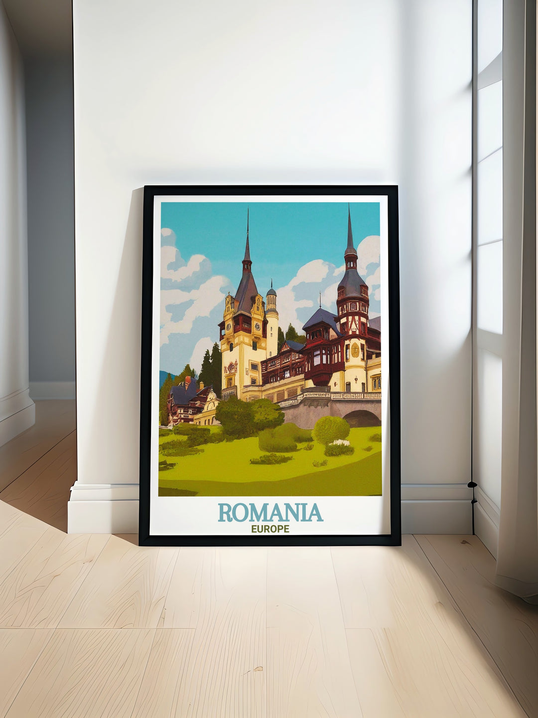 This Romania poster brings to life the elegance of Peleș Castle, one of Europes most famous royal residences. Ideal as wall decor for any room, this print is a must have for those fascinated by European architecture and Romanian history.