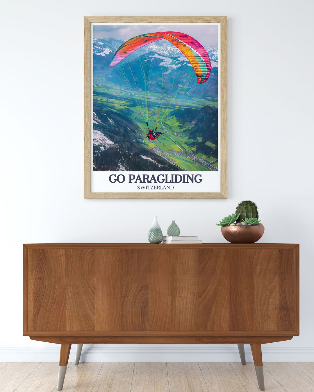 Soar over the Swiss Alps with this Retro Travel Poster, featuring the Jungfrau and a dynamic paragliding scene. A must have for thrill seekers and those who dream of flying high over the mountains.