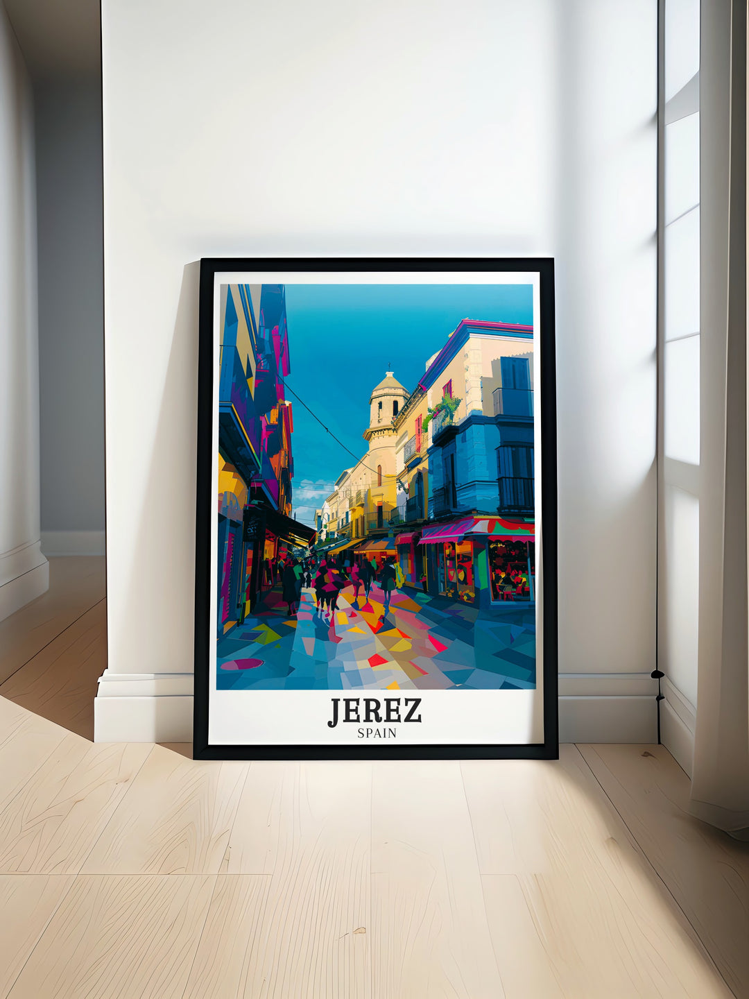 Calle Larga travel print depicting the iconic street in Jerez, capturing its history, culture, and vibrant energy. This wall art piece is ideal for anyone who loves Spanish cities and the unique blend of tradition and modernity that defines Jerez.