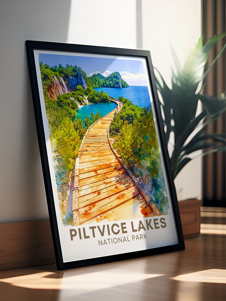Vintage Plitvice Lakes Boardwalk print offering a timeless depiction of Croatias iconic national park this poster brings the charm of Plitvice Lakes into your home decor a great choice for those who love vintage style art and scenic landscapes