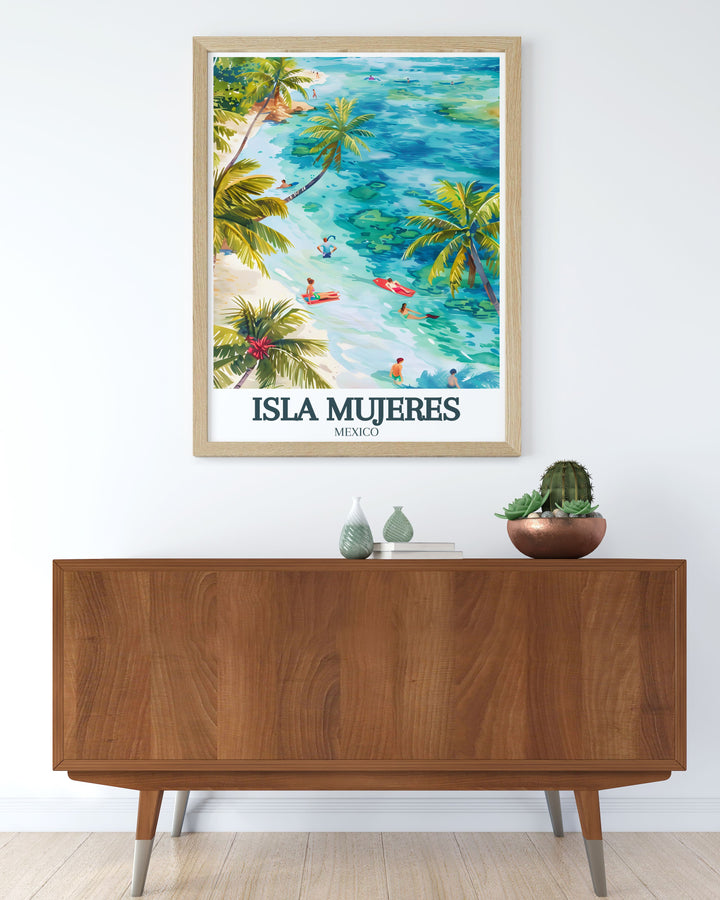 Sophisticated Isla Mujeres artwork showcasing Isla Mujeres beach Caribbean sea a versatile and stylish print that complements both traditional and contemporary home decor.