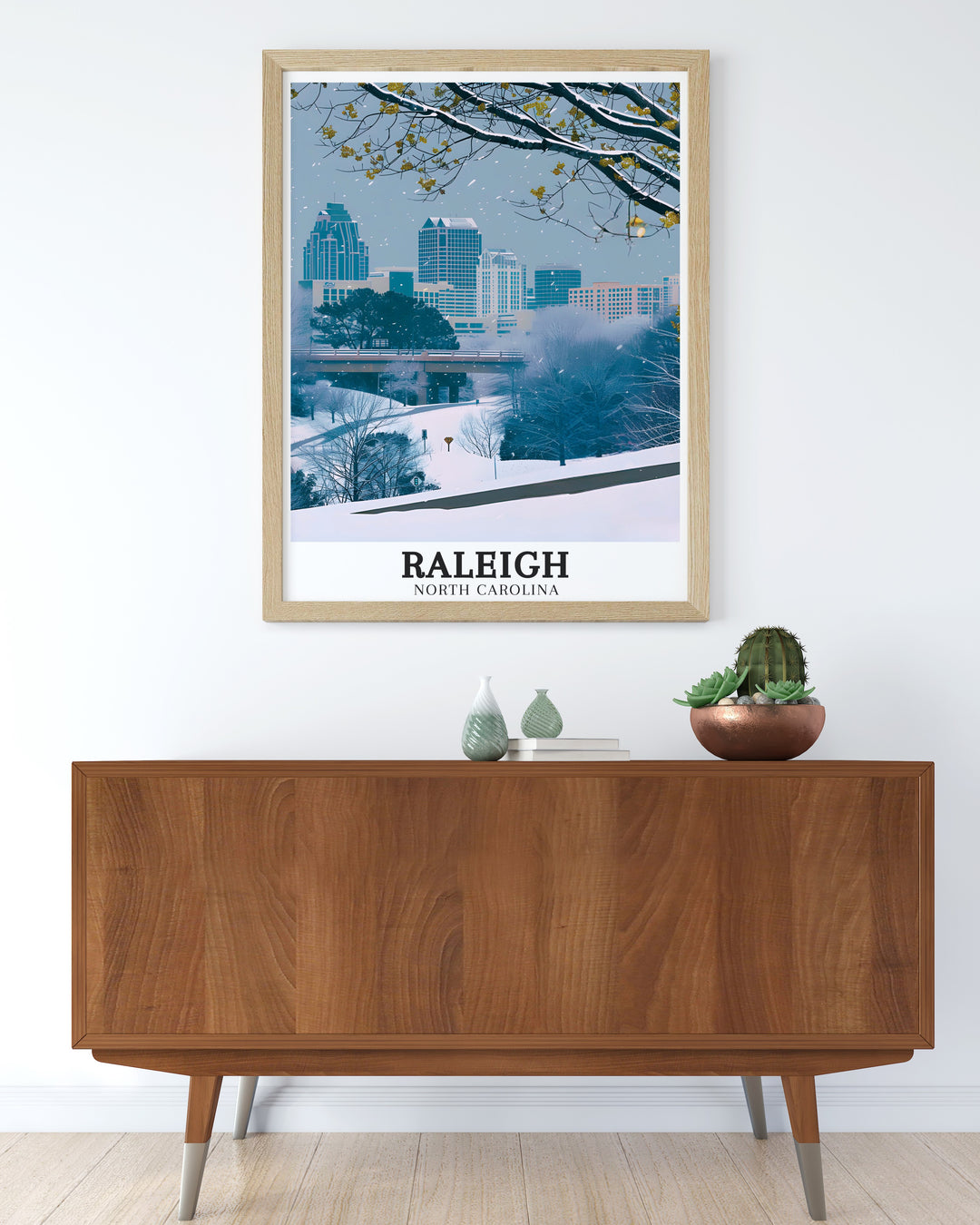 High quality Raleigh travel print showcasing the lively cityscape of Raleigh and the serene environment of Chapel Hill. This detailed artwork brings to life the contrasting landscapes of North Carolina, perfect for adding a touch of Southern charm to any home