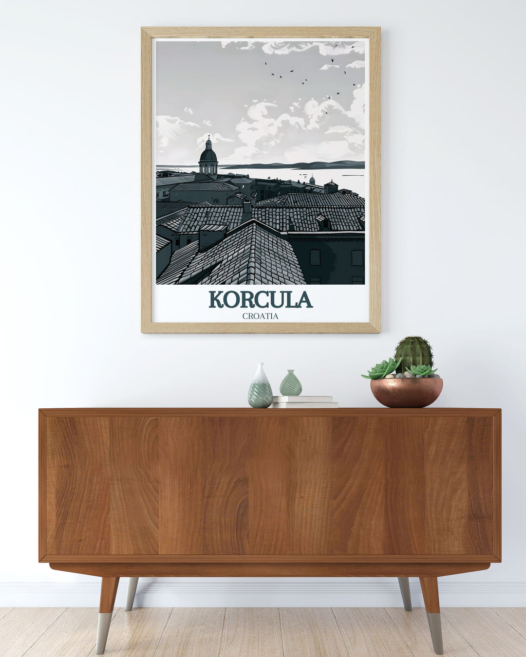 Korcula wall poster featuring St. Marks Cathedral and the Adriatic Sea brings Croatian charm into your home. This detailed print offers a serene view of the coastline and cathedral, making it the perfect decor piece for living rooms or offices.