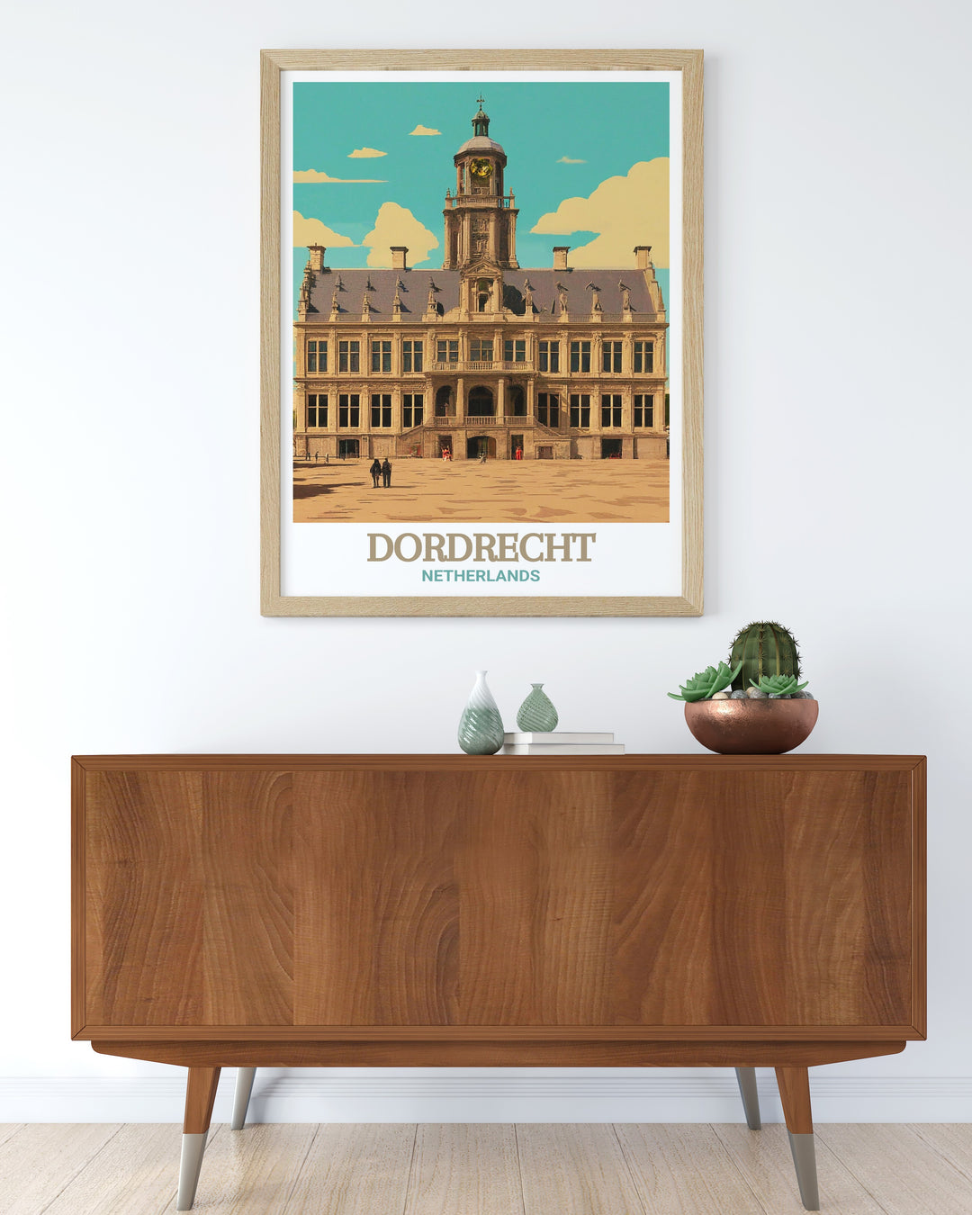 Netherlands travel poster showcasing the iconic City Hall of Dordrecht, a symbol of the citys rich history and cultural heritage. This print is ideal for those who love Dutch architecture and want to bring a piece of the Netherlands into their home decor.