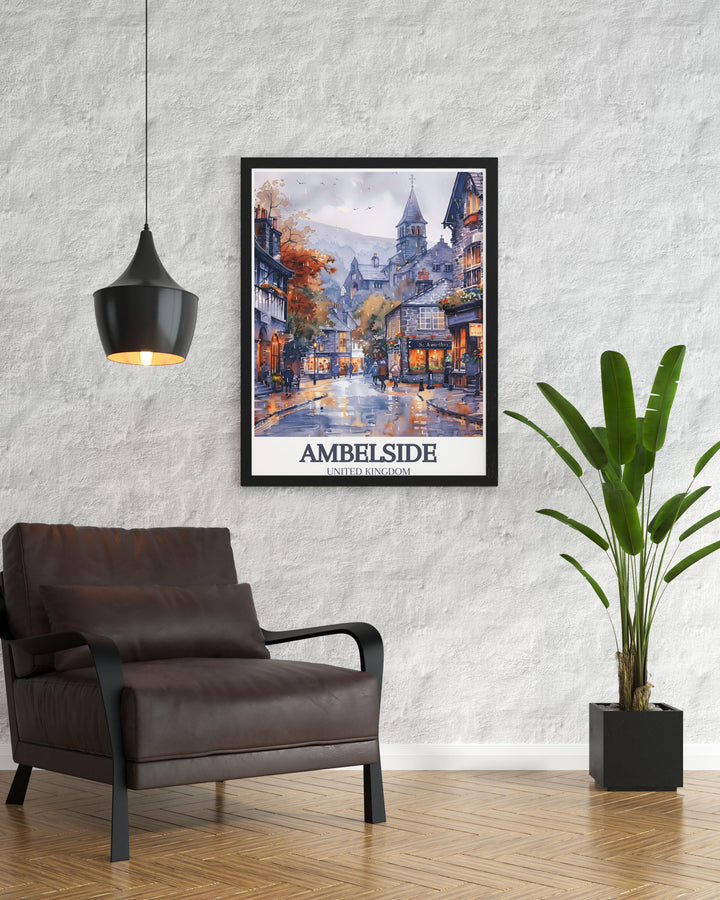 Vintage travel poster of Ambleside, England, highlighting the picturesque St. Marys Church, ideal for adding a touch of historical elegance to any space.