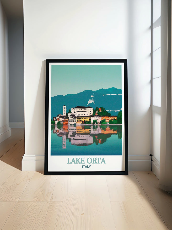 San Giulio Island and Lake Orta are captured beautifully in this travel poster, showcasing Italys tranquil landscapes. Whether for your bedroom, living room, or office, this art print offers a calming view of Italys historic charm and natural beauty.