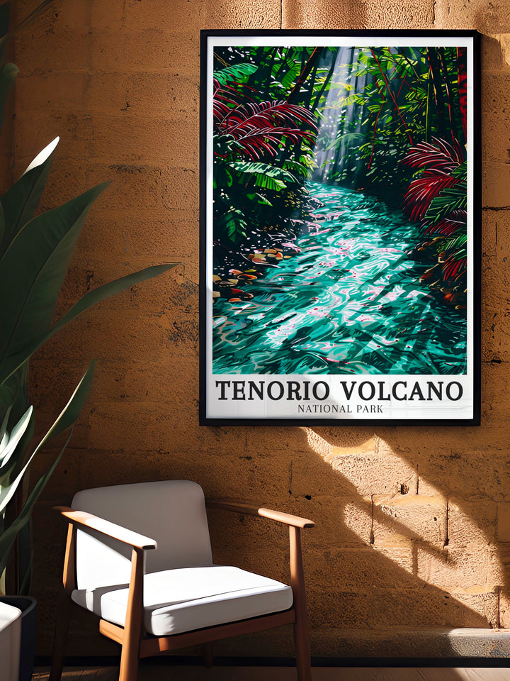 Vibrant Tenorio Volcano Poster showcasing the dramatic volcanic scenery of Costa Rica perfect for eye catching wall decor and unique gifts for those who love natural beauty.