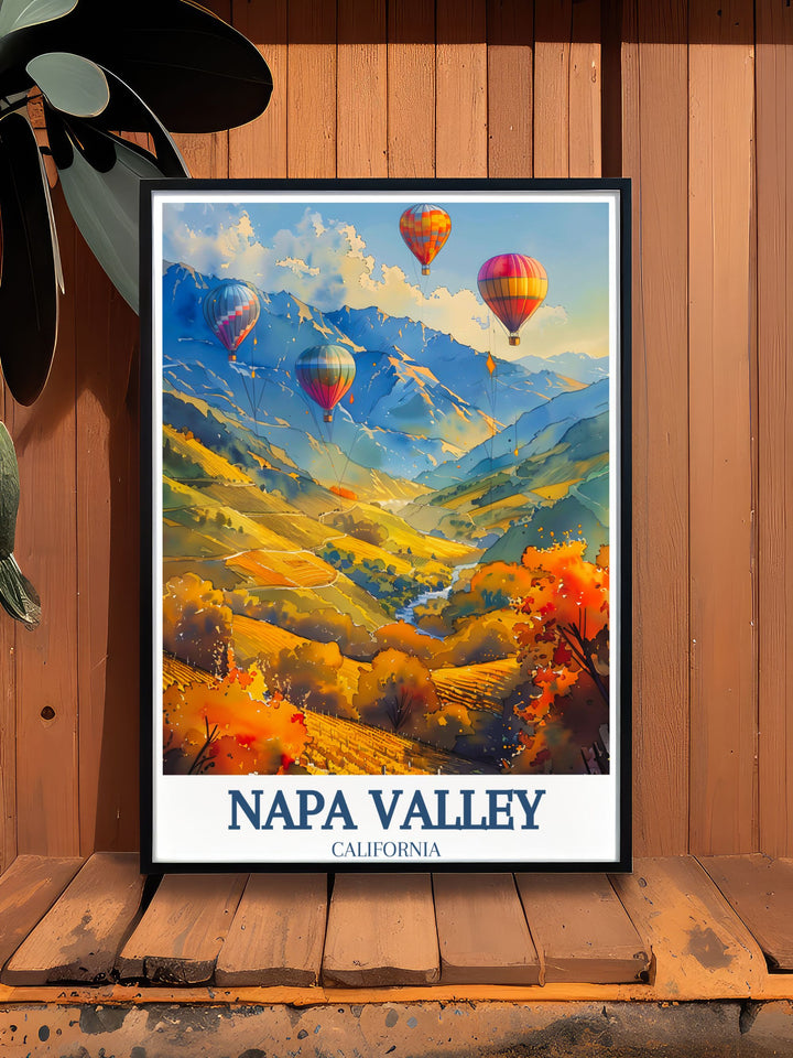 Detailed Napa Valley Decor showcasing the Napa River with hot air balloon rides and the majestic Mayacamas and Vaca mountain ranges a versatile piece of art for any home or office