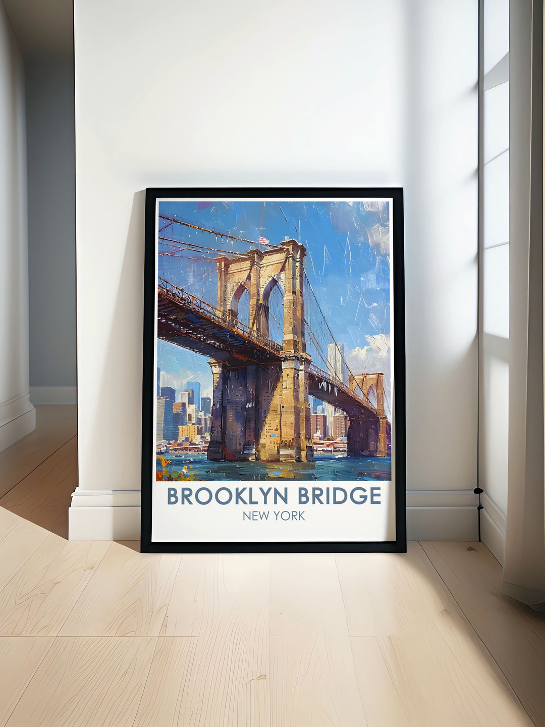 New York State print featuring iconic landmarks and diverse landscapes including the Brooklyn Bridge a perfect piece for New York State decor enthusiasts