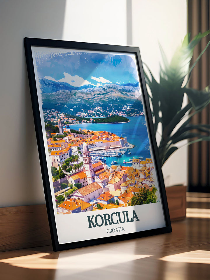 Korcula wall print featuring St. Marks Cathedral and Adriatic Sea is the perfect addition to any living room or bedroom. The detailed depiction of the cathedral and serene sea view makes this artwork a beautiful and unique decor piece.