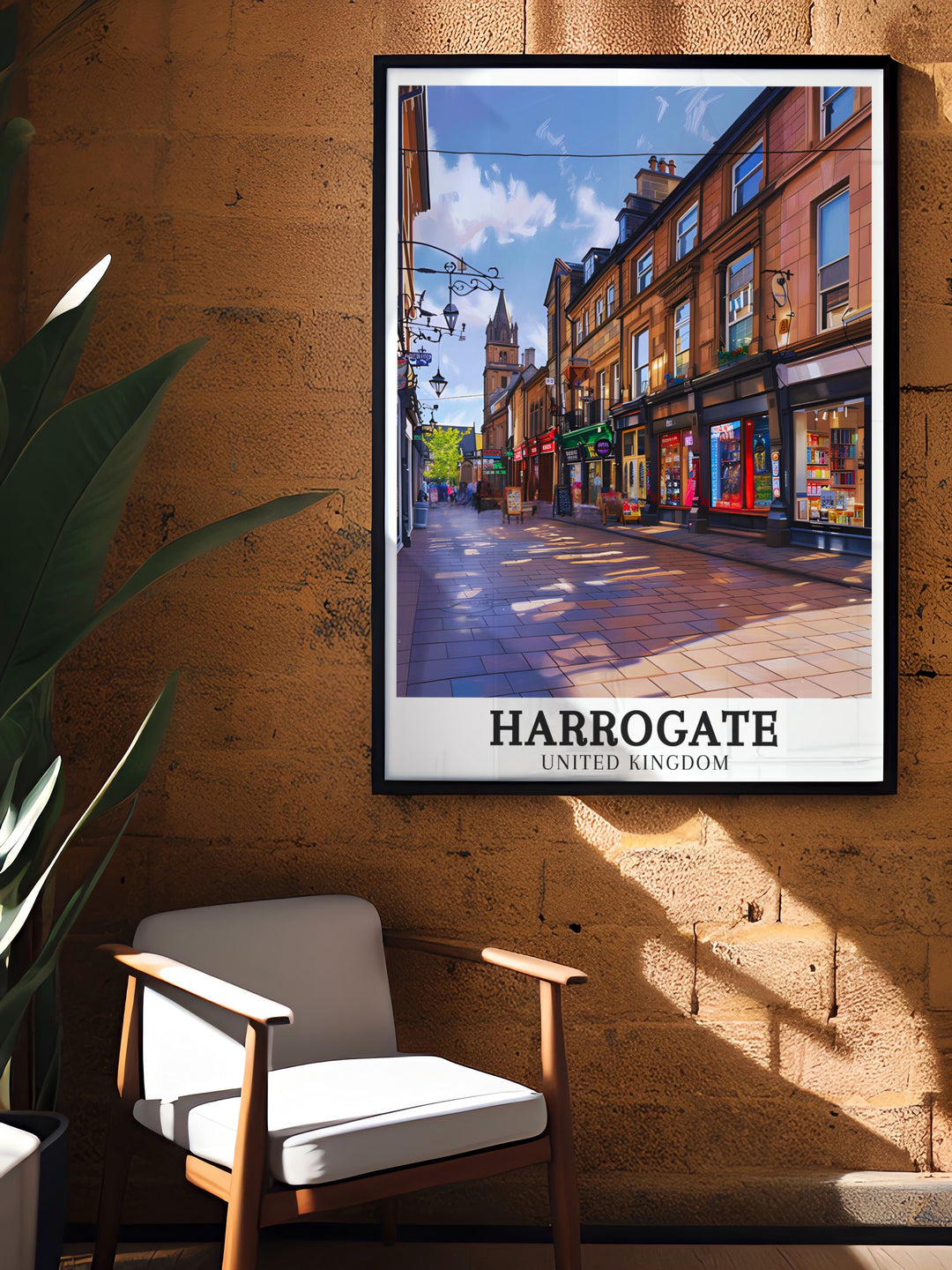 Harrogate Poster featuring the iconic Parliament Street and Montpellier Quarter. This Yorkshire Print brings a vibrant and elegant atmosphere to your living room or bedroom decor. A timeless piece of wall art perfect for Yorkshire enthusiasts.