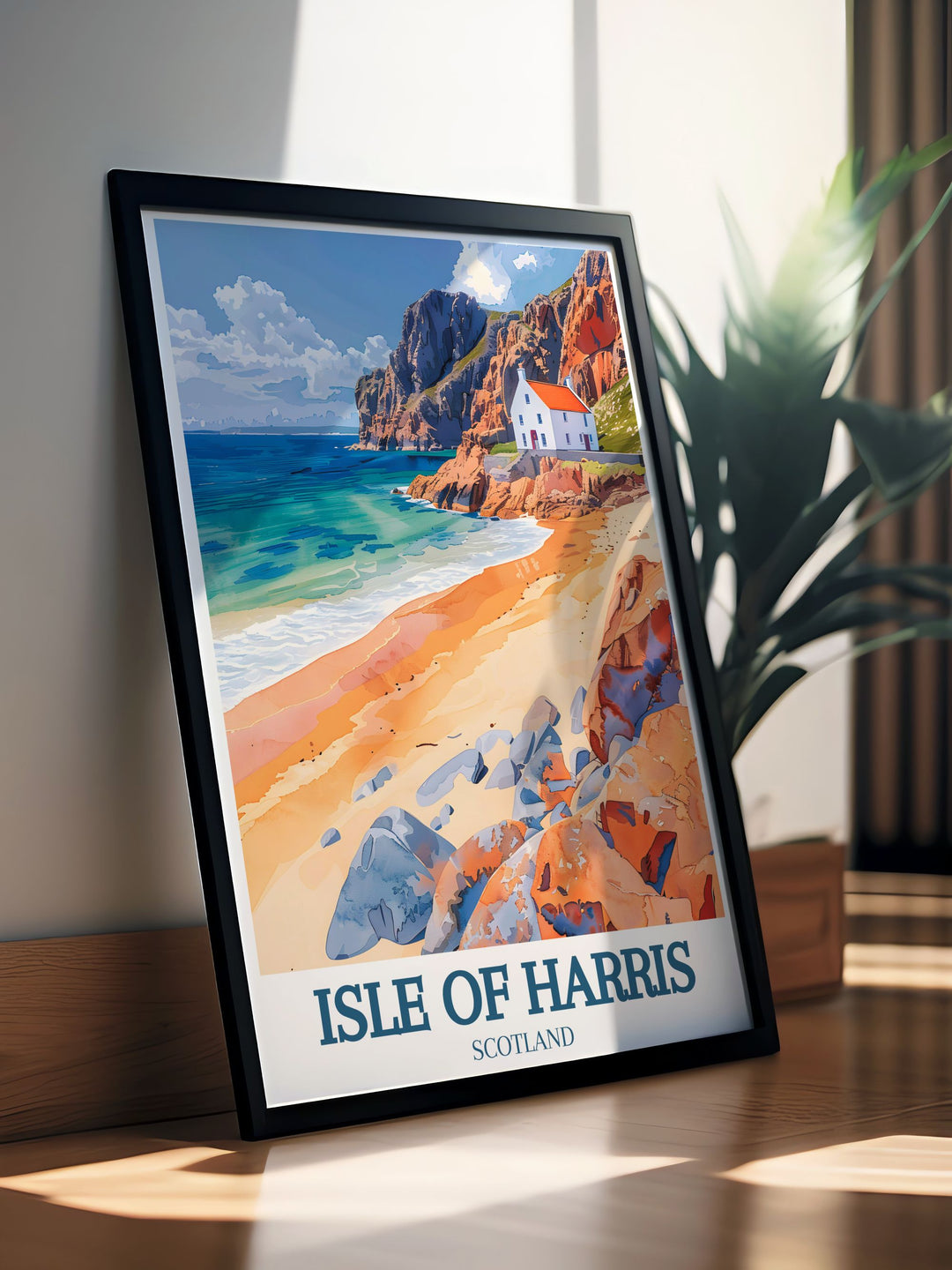 This captivating travel print highlights the breathtaking landscapes of Luskentyre Beach, featuring its soft sands and the vibrant blue hues of the Atlantic Ocean. The artwork is perfect for anyone looking to bring a piece of Scotlands coastal beauty into their home.