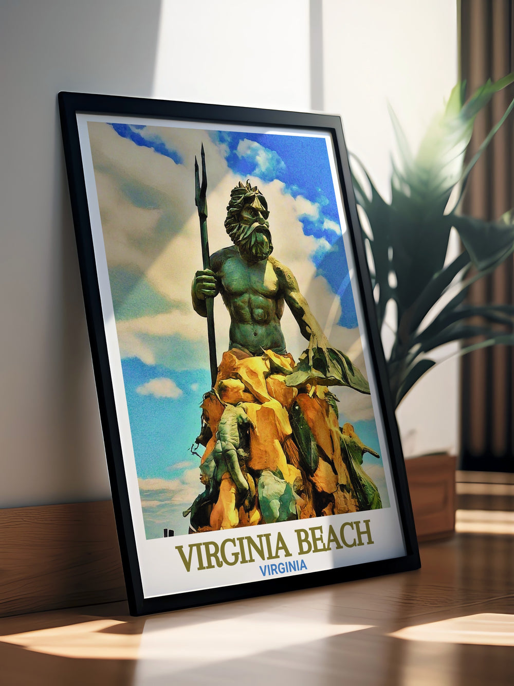 Stunning Virginia Beach decor showcasing Neptune Statue in a detailed city print with vibrant colors making it an excellent addition to any living room bedroom or office perfect for anniversary gifts birthday gifts and Christmas gifts