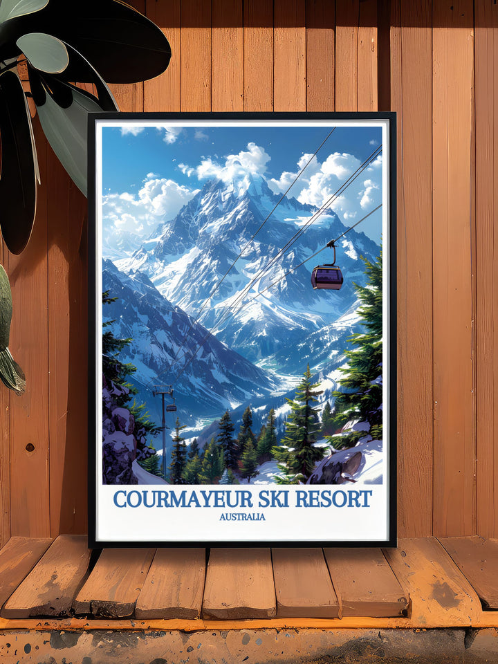 This poster showcases the picturesque slopes of Courmayeur and the grandeur of Mont Blanc, adding a unique touch of Italys historical and natural beauty to your living space.