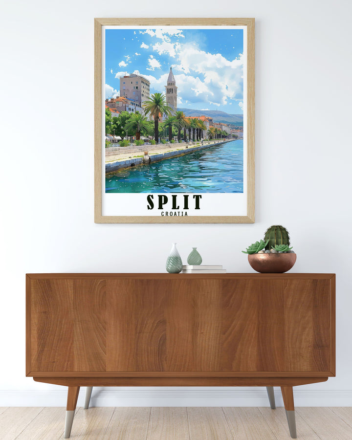 Experience the Mediterranean lifestyle with this Split Travel Poster, highlighting the scenic Riva Promenade. The detailed artwork captures Splits coastal charm, making it ideal for anyone who cherishes Croatian history or has fond memories of visiting the Adriatic.