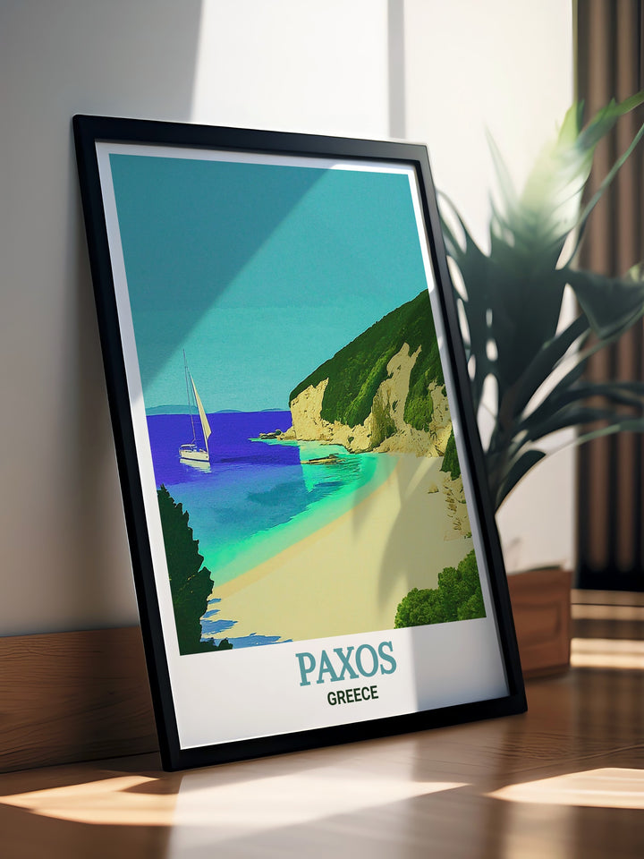 Beautiful Greece island print of Erimitis Beach on Paxos captures the essence of the Greek islands perfect for anyone looking to enhance their home decor with a relaxing travel poster Paxos wall art brings the serene beauty of Greece into your living space