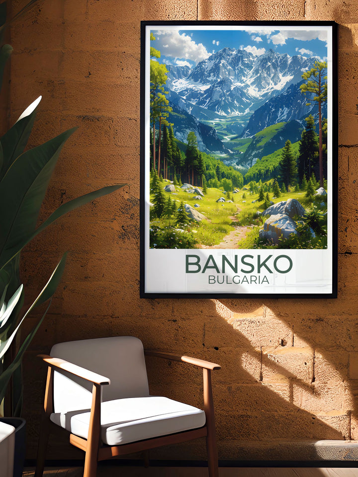 Featuring the dramatic peaks of the Pirin Mountains and the world class slopes of Bansko Ski Resort, this travel poster captures the majestic beauty of Bulgarias winter sports paradise, ideal for winter enthusiasts.