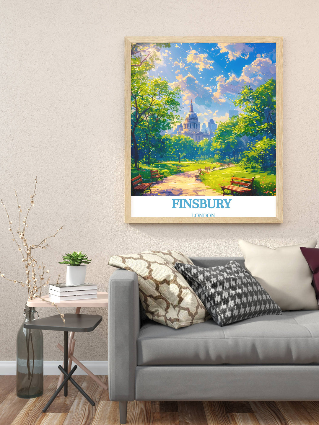 Beautifully crafted Finsbury Park framed print showcasing the parks lush greenery and peaceful atmosphere. Perfect for home decor, this vintage travel print adds a timeless touch to any room, making it a cherished piece of wall art.