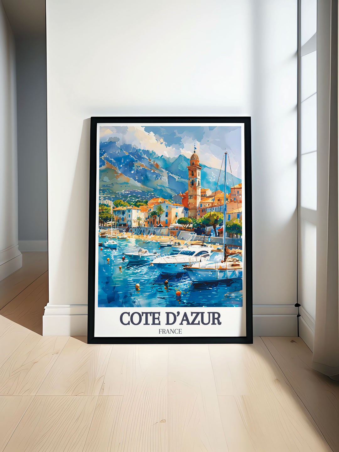 This Cannes Harbour poster print highlights the vibrant marina and stunning landscape of the Côte dAzur. A perfect gift for anyone who loves France, this travel print adds a touch of the Mediterranean to any room.