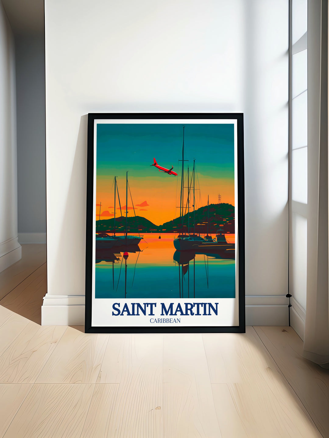 A captivating poster print featuring the lively Maho Beach and the quiet Marigot Bay in Saint Martin. The artwork showcases the islands dual nature, with one side full of adventure and the other offering peaceful retreat, making it a perfect gift for beach lovers.