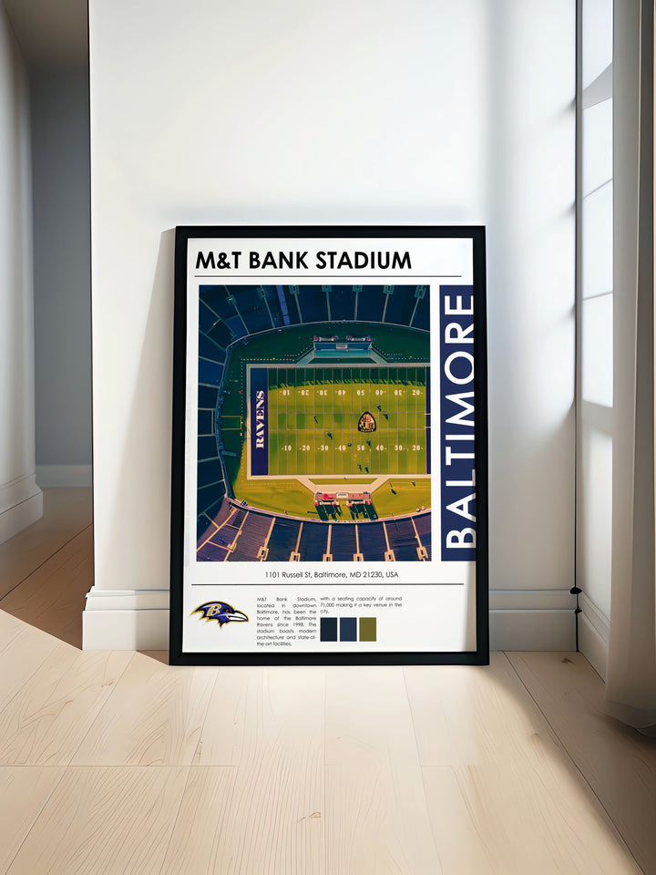 Dynamic Baltimore Ravens travel poster showcasing Lamar Jackson and Odell Beckham Jr. at M and T Bank Stadium a vibrant addition to any football fans collection capturing the energy and spirit of the team in a unique artwork