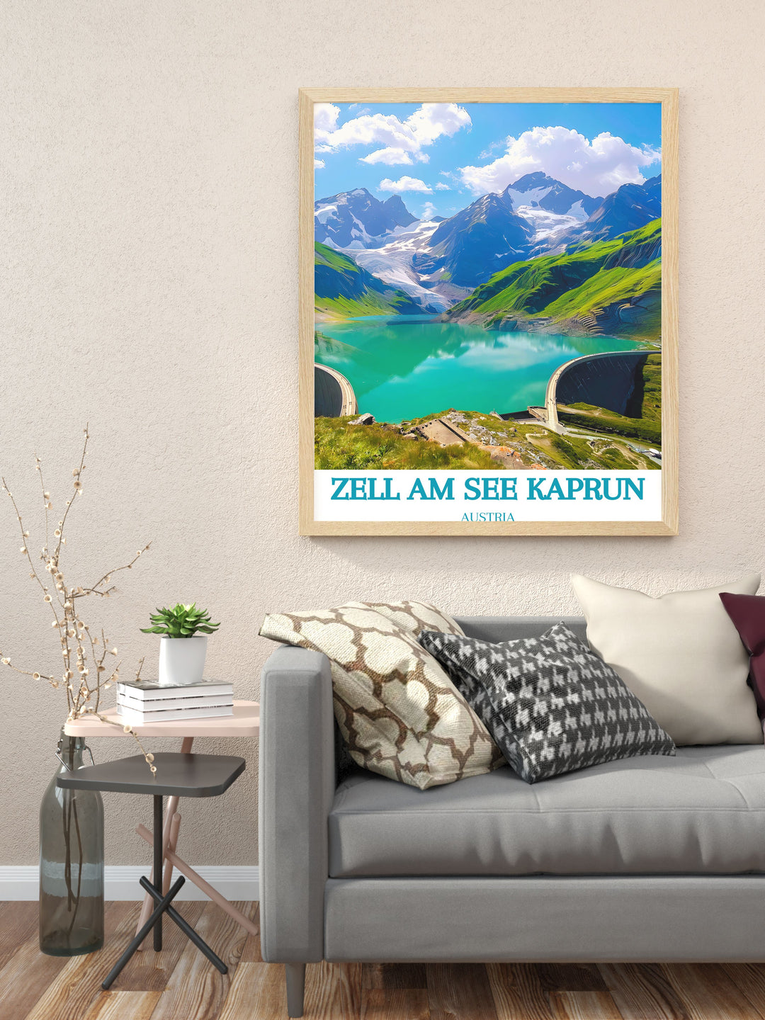 Beautiful canvas art of Zell am See, Austria. This artwork captures the picturesque landscapes, including the snow covered mountains, pristine lake, and vibrant village, bringing the enchanting beauty of the Austrian Alps into your home decor.