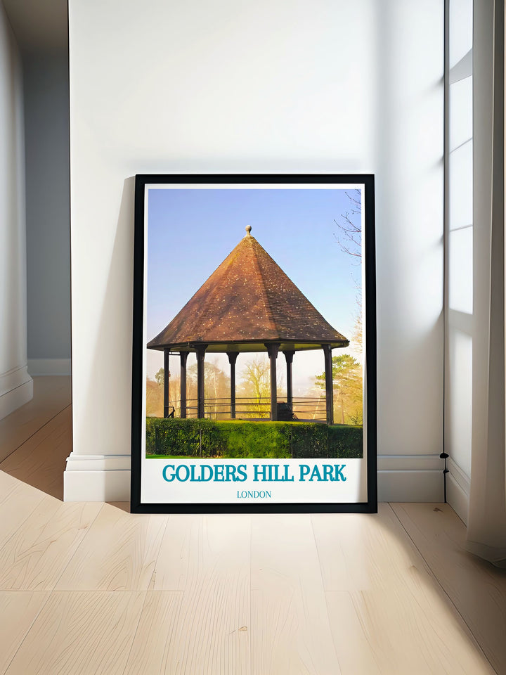 An art print of the bandstand at Golders Hill Park, detailed with rich colors and intricate designs, offering a glimpse into the parks historical and cultural significance, perfect for home decor.