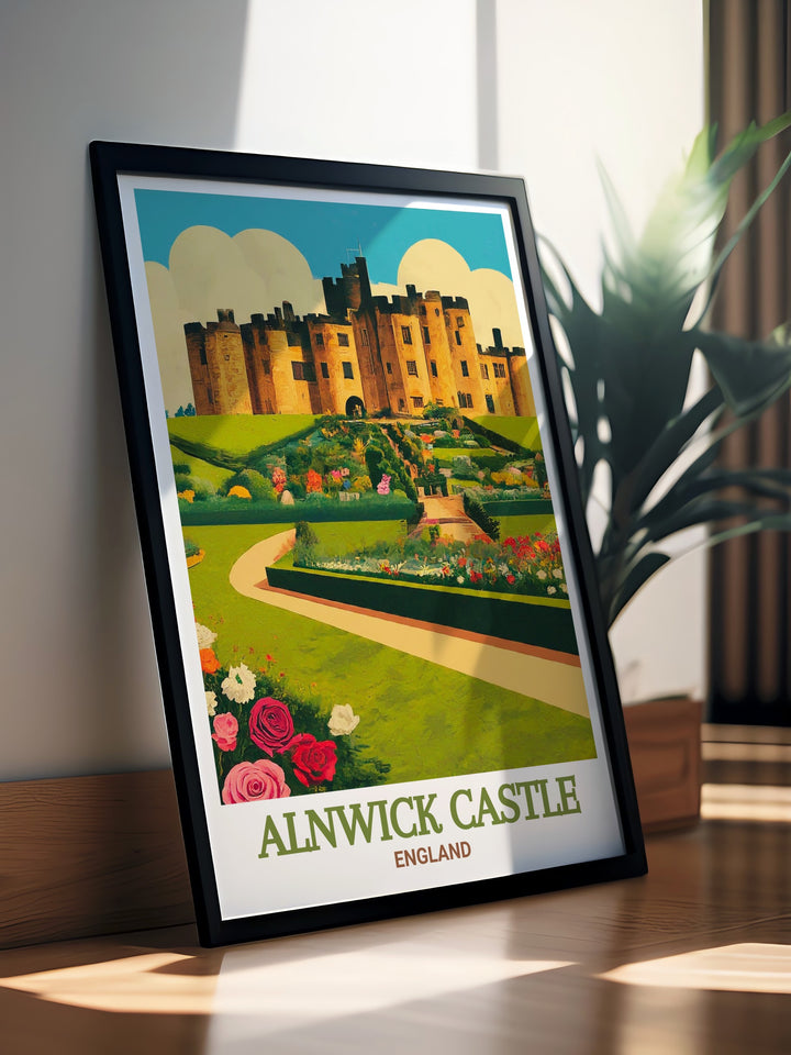 The Alnwick Garden Custom Print highlighting the unique charm and botanical brilliance of these gardens next to Alnwick Castle. The artwork captures the essence of The Alnwick Garden, making it an excellent choice for those who appreciate the fusion of history and nature