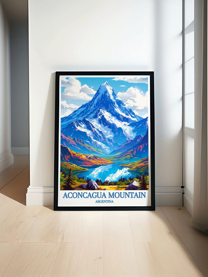 Aconcagua Mountain is beautifully depicted in this vintage travel print showcasing Mendoza Argentina and the Andes Mountain Range perfect for nature enthusiasts and mountain lovers.