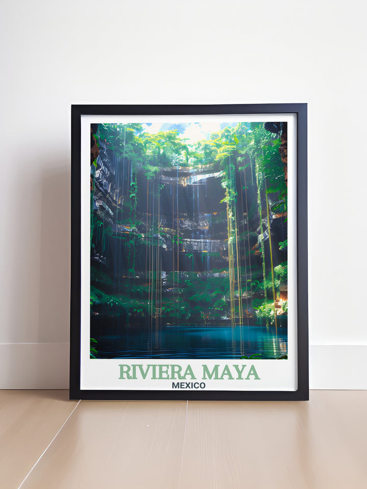 Cenote Ik Kil wall decor showcasing the beauty of Riviera Maya Mexico with stunning artwork perfect for home living decor. This Mexico gift is ideal for beach decor enthusiasts adding a touch of tropical art and elegance to any space with Cenote Ik Kils picturesque views.