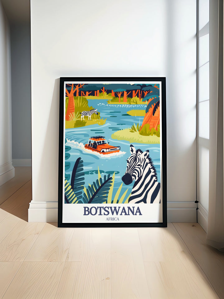 Stunning Botswana wall art featuring Okavango Delta and Chobe National Park. These beautiful Botswana prints and posters bring the natural beauty and vibrant wildlife of these iconic regions into your home, perfect for nature enthusiasts and art lovers alike.