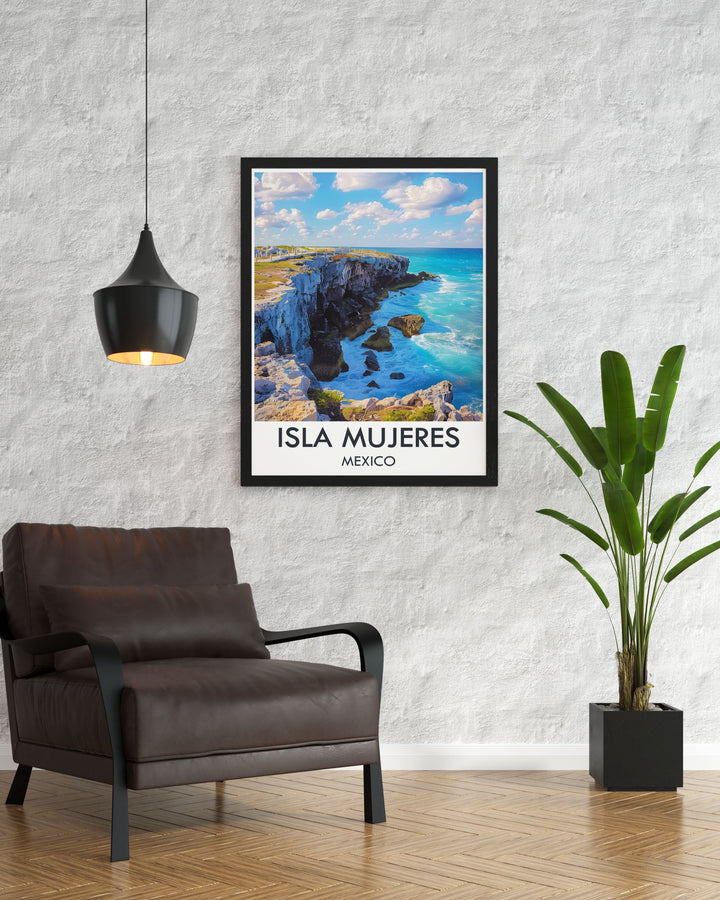 Vintage poster of Isla Mujeres, showcasing the islands rich cultural heritage and natural beauty, with a focus on its picturesque beaches and clear blue waters.