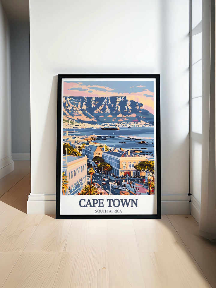 Cape Town Art Print features the rugged cliffs of the Cape of Good Hope alongside the historic charm of the Victoria and Alfred Waterfront. This canvas art beautifully blends Cape Towns natural wonders with its urban energy, making it an ideal addition to any home or office.