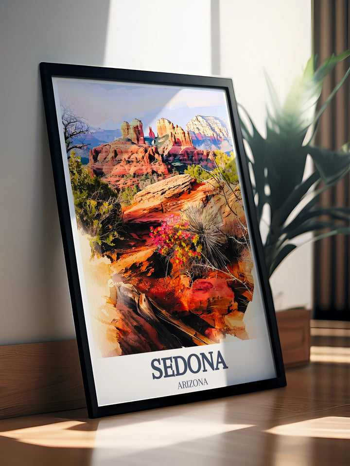 Sedona Wall Art with detailed imagery of Cathedral Rock and Bell Rock capturing the stunning red rock formations and serene landscapes of Arizona.