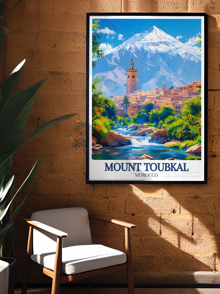 Transform your living space with a High Atlas mountains modern art print featuring the breathtaking views of Mount Toubkal and traditional Berber villages perfect for adventurers and nature lovers.