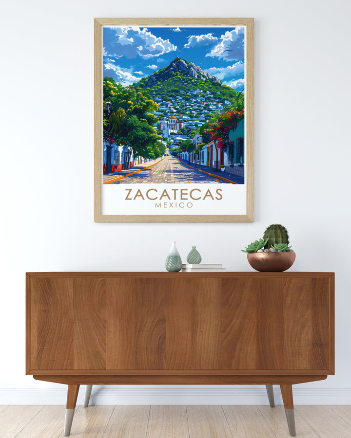 This Zacatecas print features Cerro de la Bufa, inviting viewers to explore its scenic beauty and rich narratives. Perfect for wall art enthusiasts, it embodies the adventurous spirit of this remarkable city.