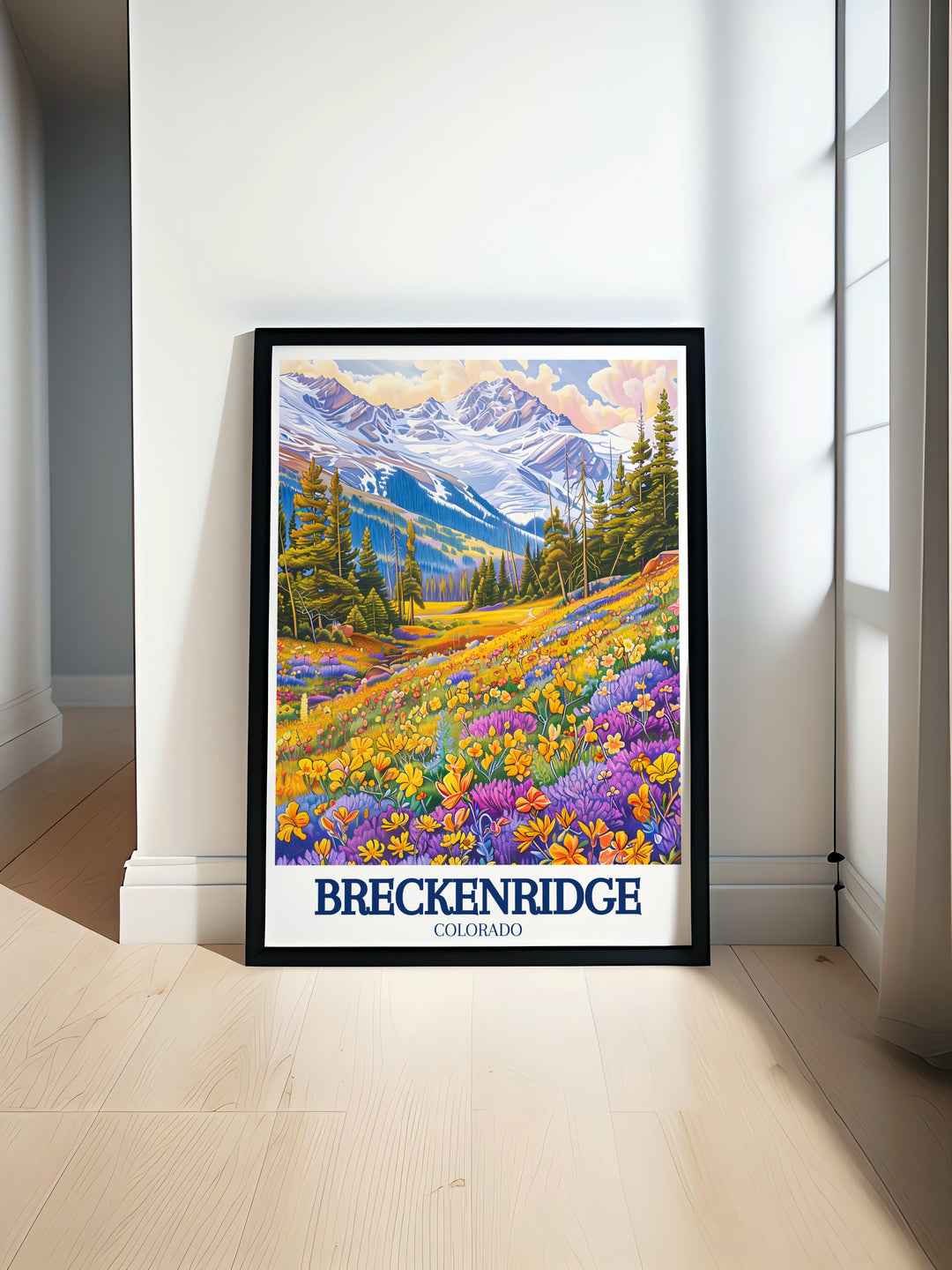 This Breckenridge poster print captures the vibrant beauty of the Wildflower Trail in Colorado, with colorful blooms and breathtaking mountain views. Perfect for nature enthusiasts, this travel print adds a touch of Rocky Mountain charm to any space.