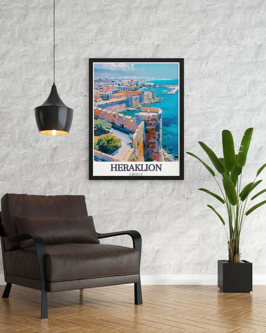 Framed art print of the Old Harbor, Heraklion, Crete, Greece, capturing the charm of its narrow streets and vibrant waterfront. The artwork showcases the Koules Fortress and picturesque harbor, making it a striking addition to any art collection.
