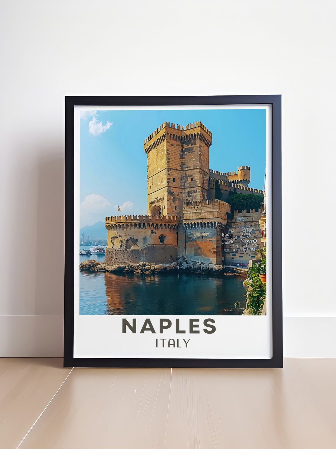 NAPLES Travel Poster featuring the iconic skyline of Naples Italy with Castel dellOvo. A wonderful addition to any wall art collection. Perfect for those who appreciate Italys historic landmarks and scenic beauty.