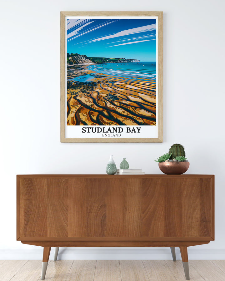 Middle Beach Dorset Beaches and Studland Bay wall art print ideal for those who love Englands coastal landscapes. This travel inspired poster is perfect for adding a touch of England to any room and makes a thoughtful gift for travel enthusiasts.