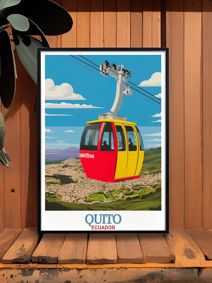 Quito Poster Print featuring the famous TelefériQo cable car rising over the city, with stunning views of the surrounding Andes mountains. This travel print is ideal for adventurers and those who appreciate Ecuadors natural wonders.