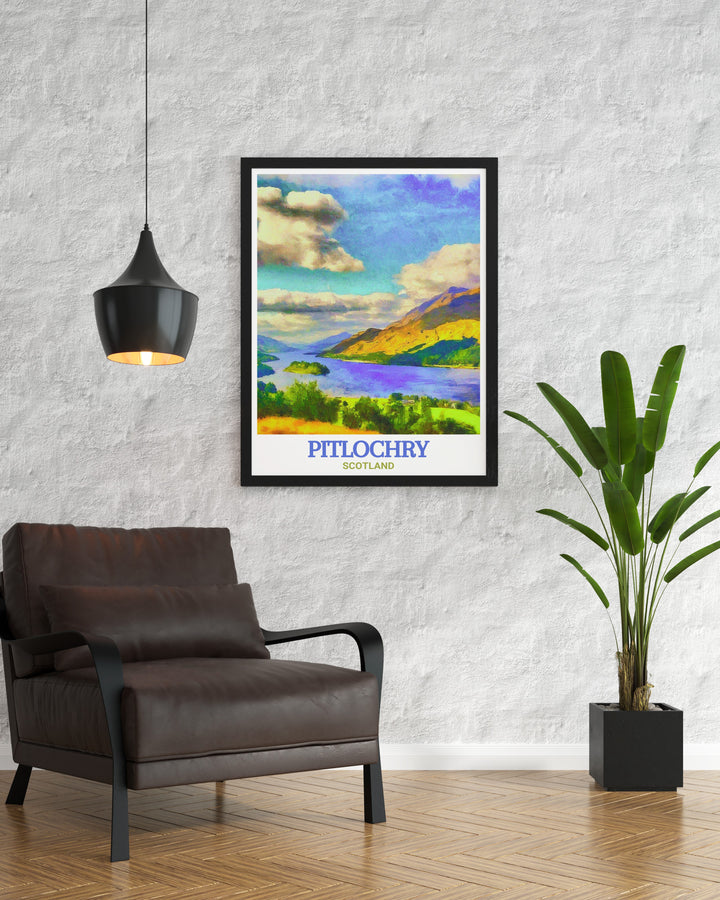 Queens View travel print capturing the stunning panorama from one of Scotlands most famous viewpoints, with expansive views over Loch Tummel and the Grampian Mountains. This canvas art is ideal for those who love Scotlands scenic beauty, offering a perfect addition to any room.