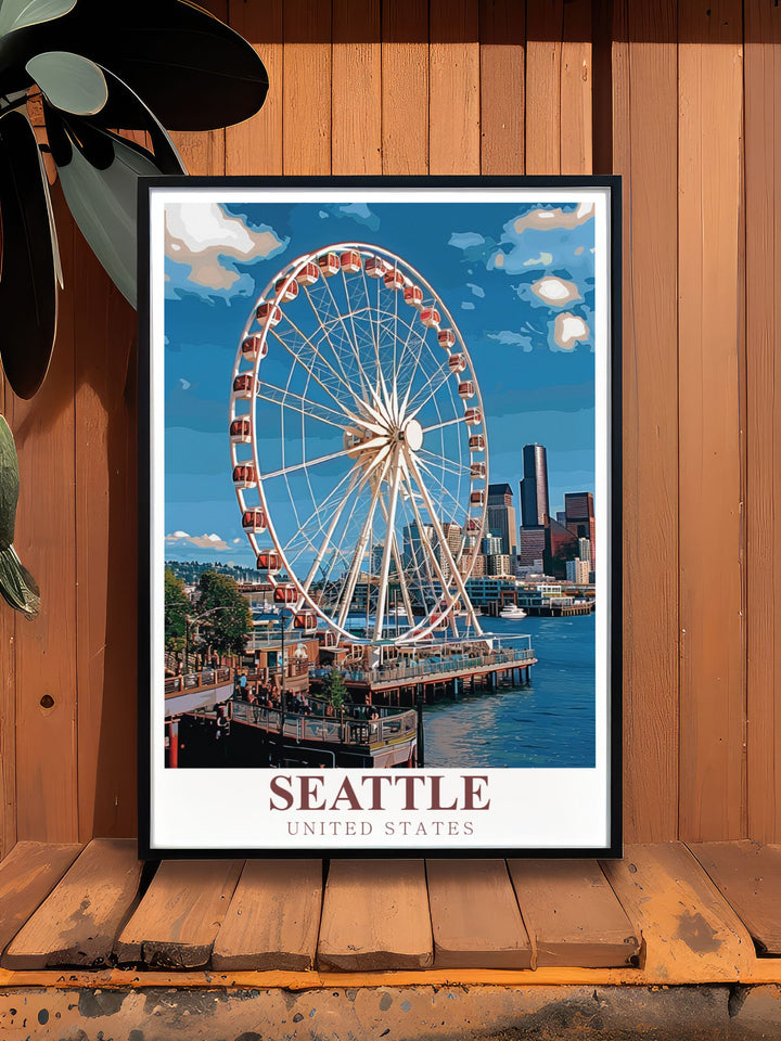 Great Wheel Artwork showcasing Seattle Skyline in a vibrant and modern print. Adds a stylish element to home decor with its elegant representation of Seattles iconic landmarks.