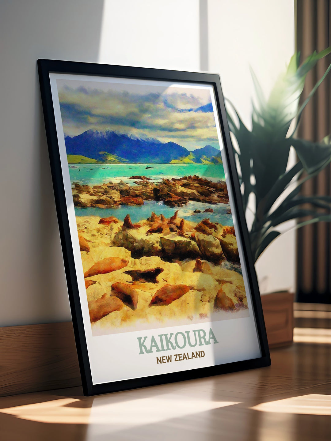 Stunning visuals of the Kaikoura coastline, home to a thriving seal colony, are beautifully rendered in this travel poster. The print captures the essence of New Zealands wild beauty, making it an ideal addition to any art collection.