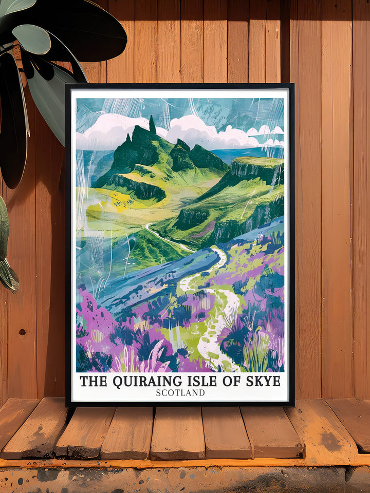 Modern art print of The Quiraing Skye featuring The Table and scenic views of Trotternish Ridge bringing the stunning landscapes of Scotland into your home decor with vibrant colors and striking details ideal for contemporary spaces.