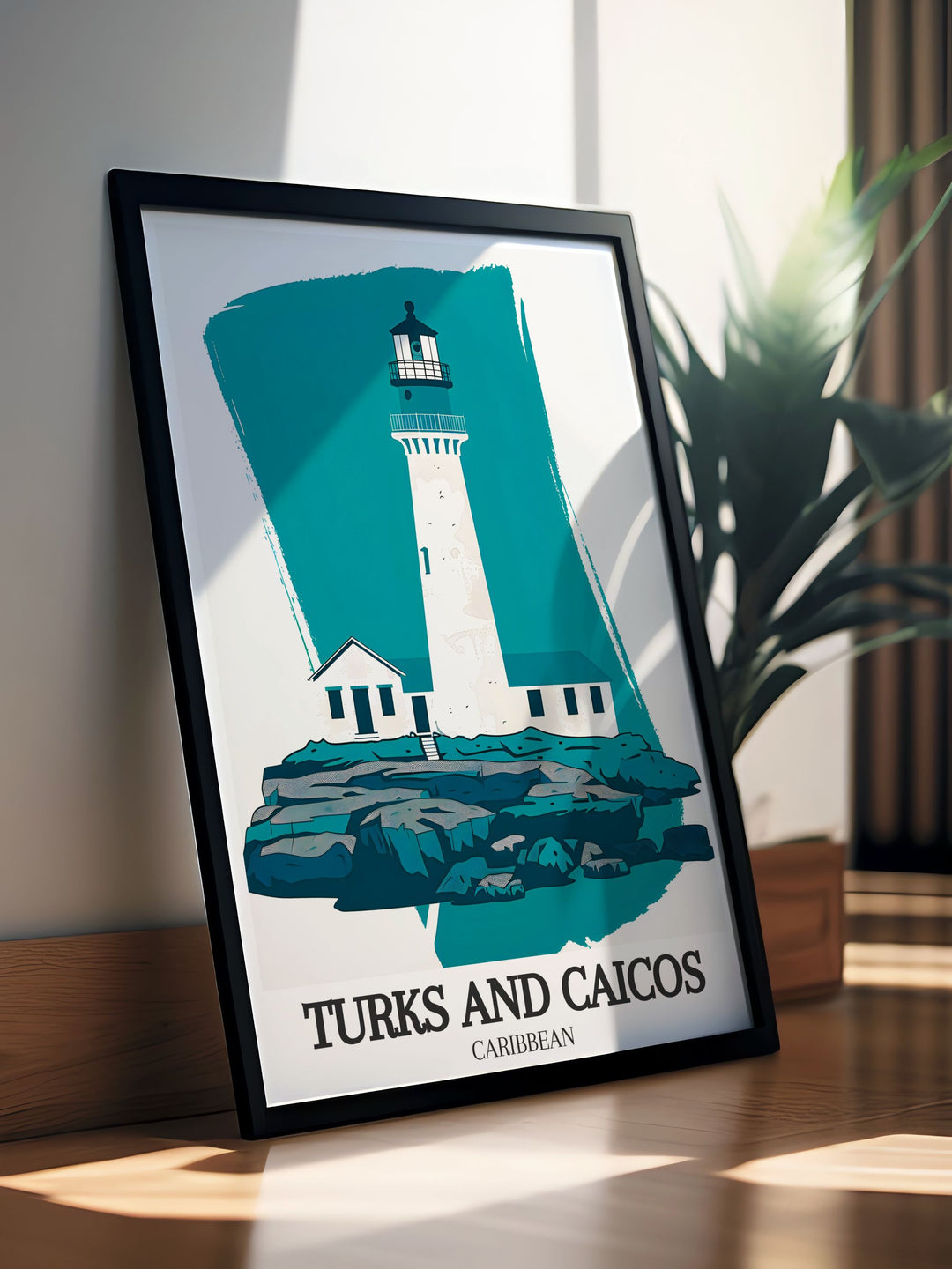 This vibrant Turks and Caicos poster print showcases the historic Grand Turk Lighthouse with its striking Caribbean backdrop. The artwork brings the serene island beauty into your home, perfect for those who dream of tropical escapes and coastal landscapes.