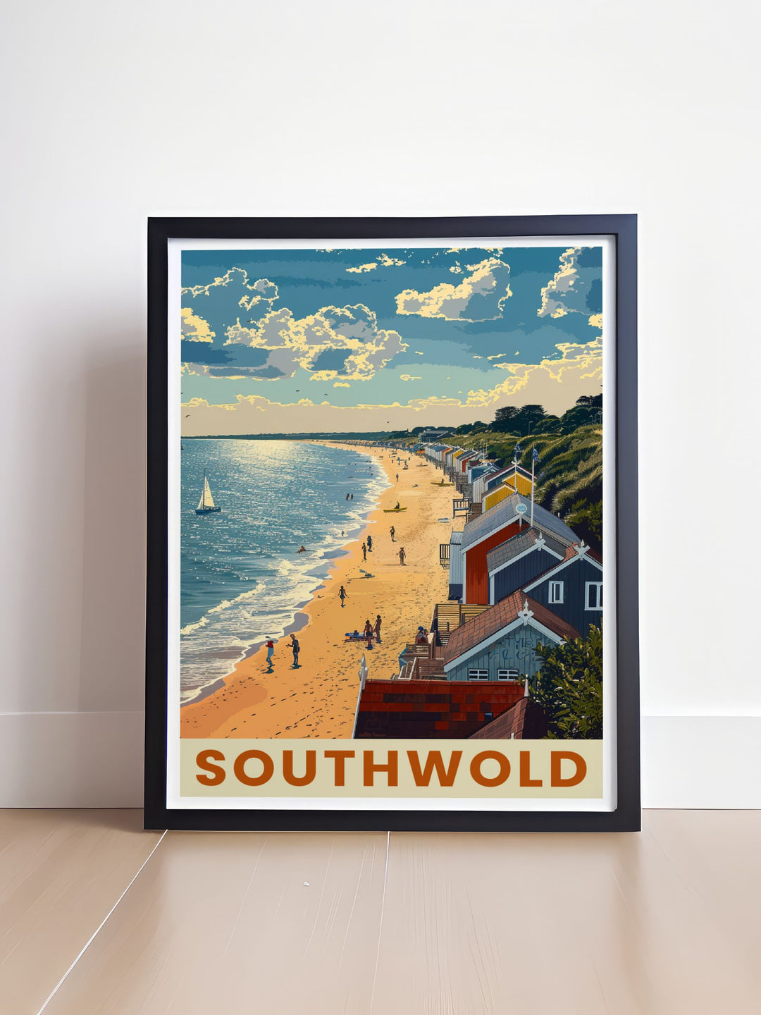 Framed Print of Southwold showcasing the beach and beach huts Southwold Lighthouse and pier a perfect UK travel poster for those who love seaside art and wish to bring a piece of coastal charm into their living space