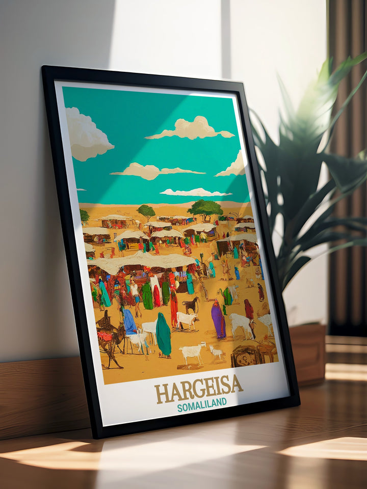 The Somaliland canvas art features the iconic Livestock Market, one of Hargeisas busiest and most important cultural hubs. This travel poster is a must have for those who appreciate the unique blend of tradition and everyday life in Somali culture.