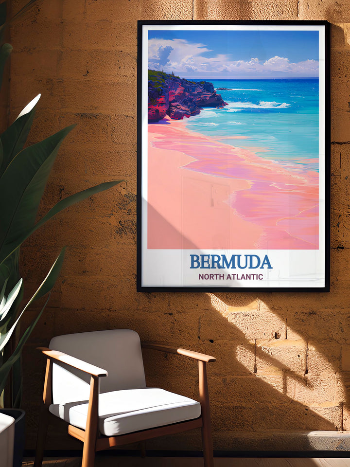 Beautiful Horseshoe Bay Beach Wall Art reflecting the tropical paradise of Bermuda perfect for infusing your home with Caribbean decor and creating a tranquil living space